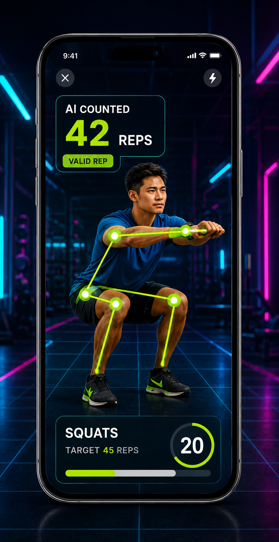 FitSmash rep verification screen on a phone: an athlete mid-squat with neon joint-tracking overlay, an AI COUNTED 42 REPS counter, a VALID REP tag and a SQUATS panel showing target 45 reps with a progress bar.